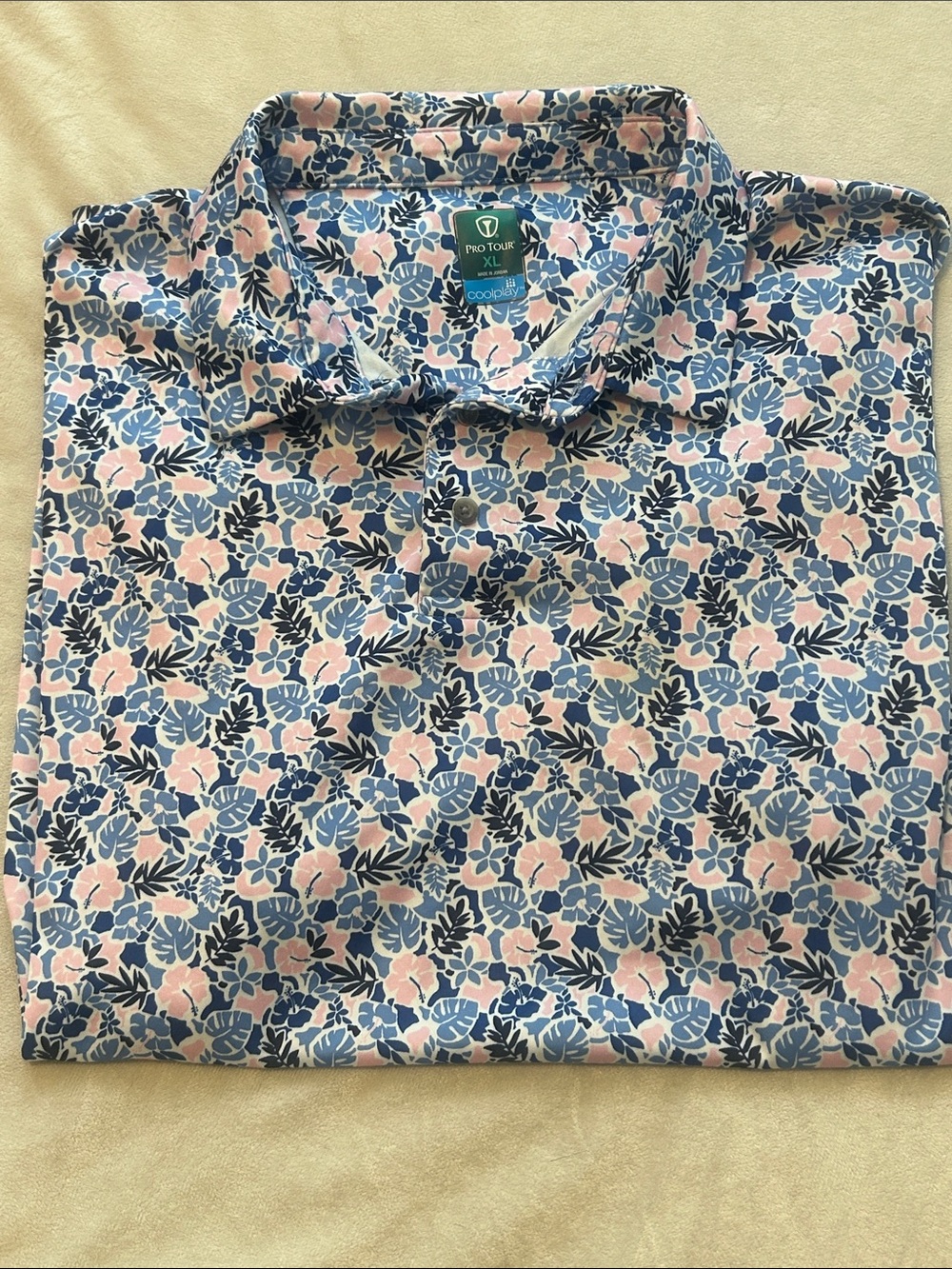 Pro Tour CoolPlay Golf Polo Shirt Men XL Blue Pink Floral Tropical Hibiscus Poly